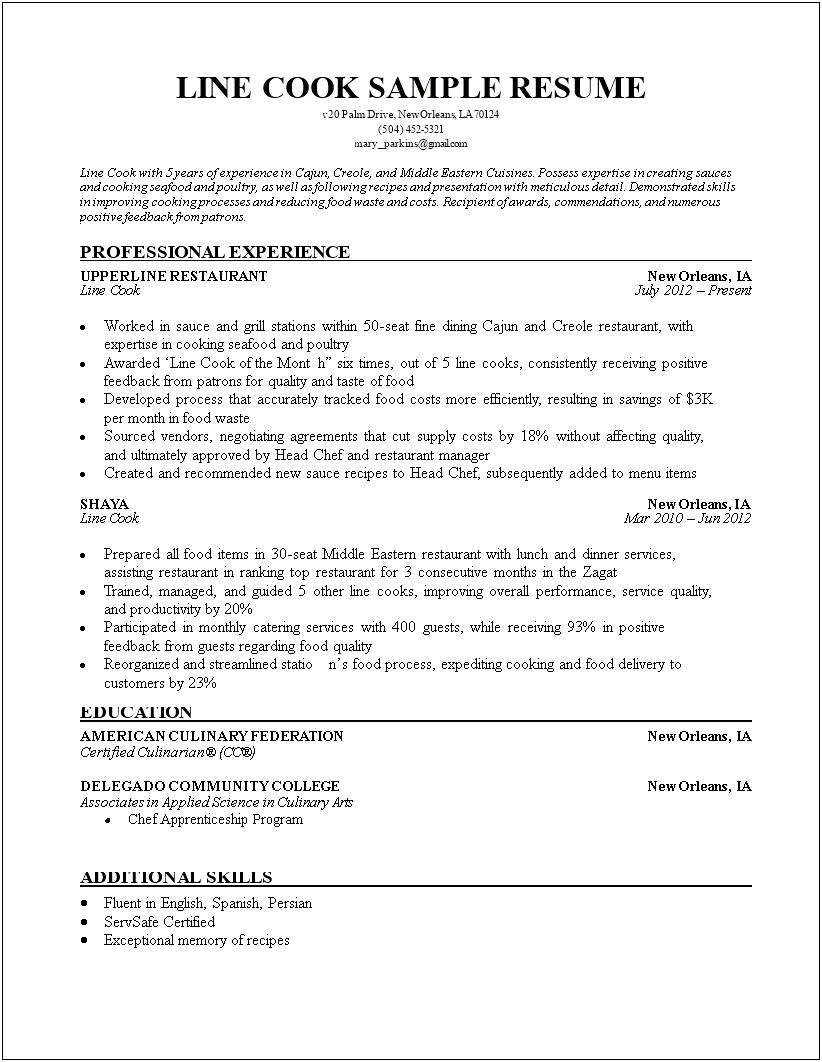 Example Of Resume For Culinary Arts