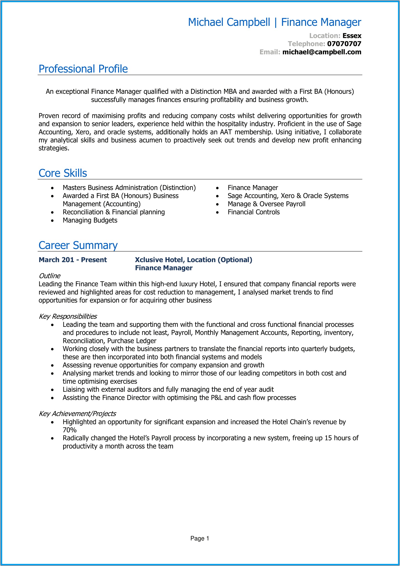 Example Of Resume For Finance Manager