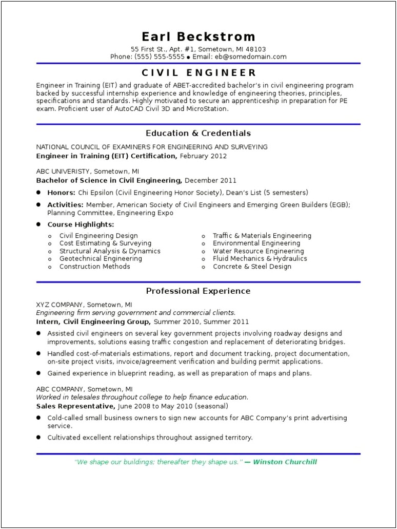 Example Of Resume For Internship Civil Engineer