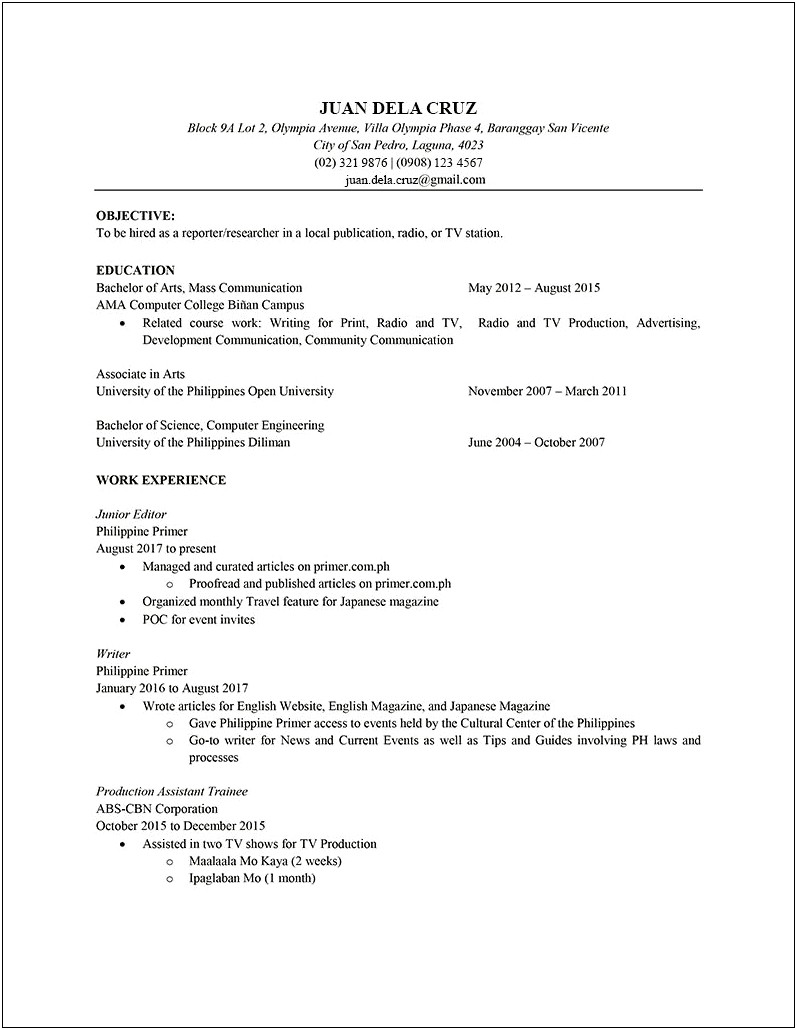 Example Of Resume For Job Application In Philippines