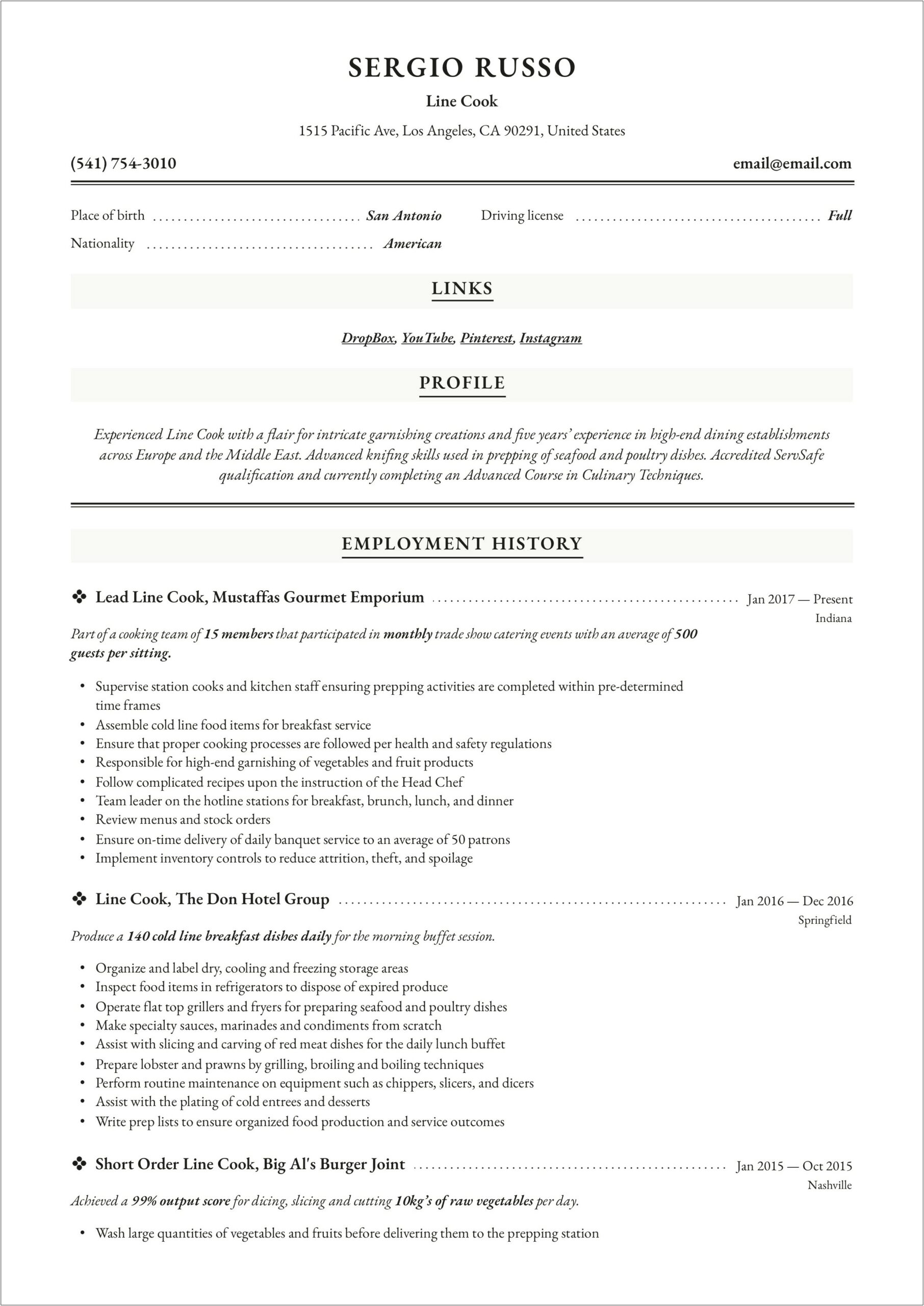 Example Of Resume For Line Cook