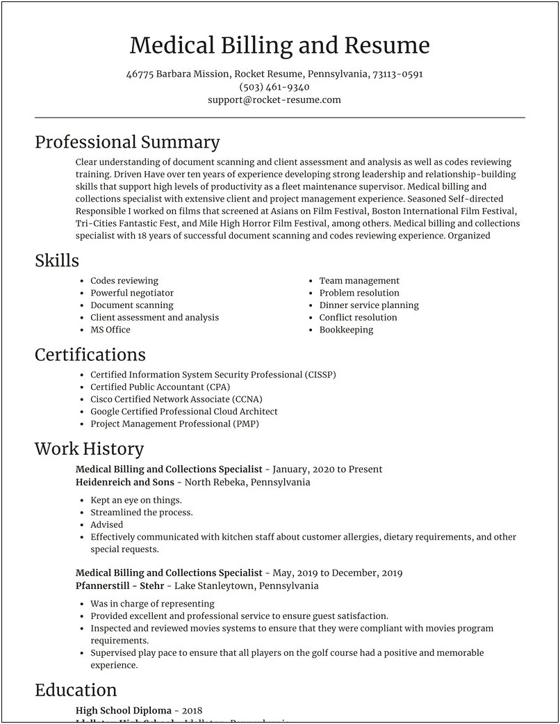 Example Of Resume For Medical Billing And Collections