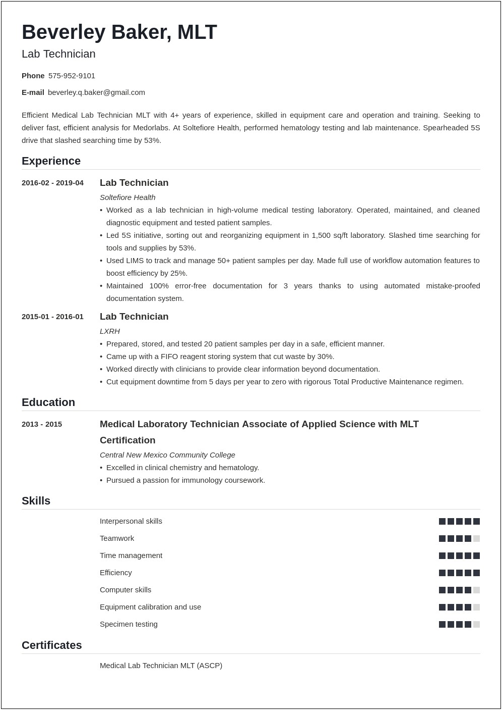 Example Of Resume For Medical Laboratory Technologist
