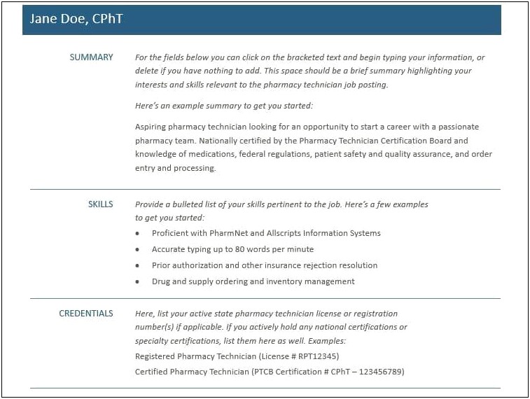 Example Of Resume For Pharmacy Technician