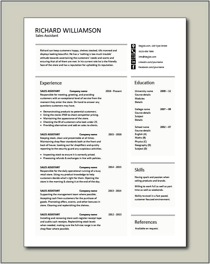 Example Of Resume For Retail Assistant