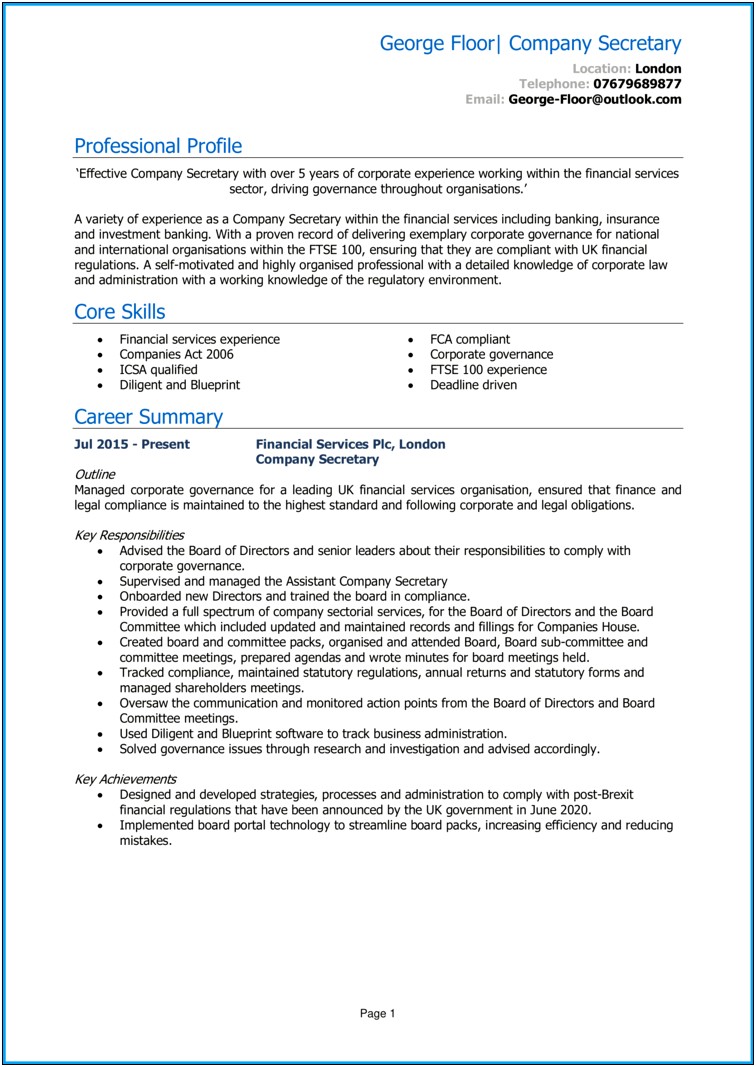Example Of Resume For Secretary Position