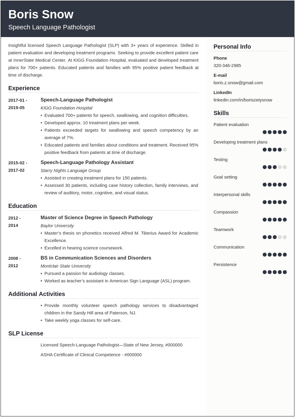 Example Of Resume For Slp In Hospital S