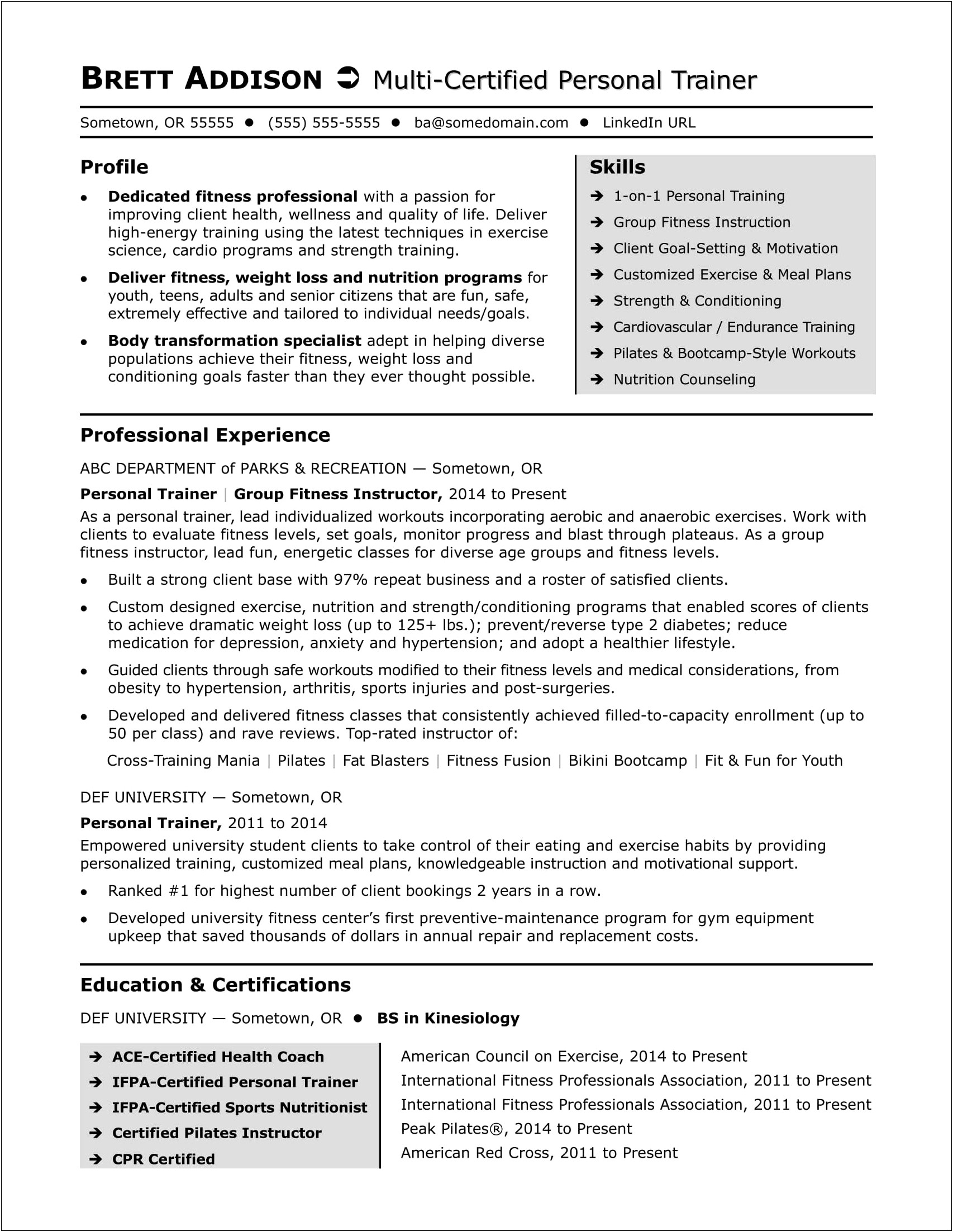 Example Of Resume For Sports Jobs