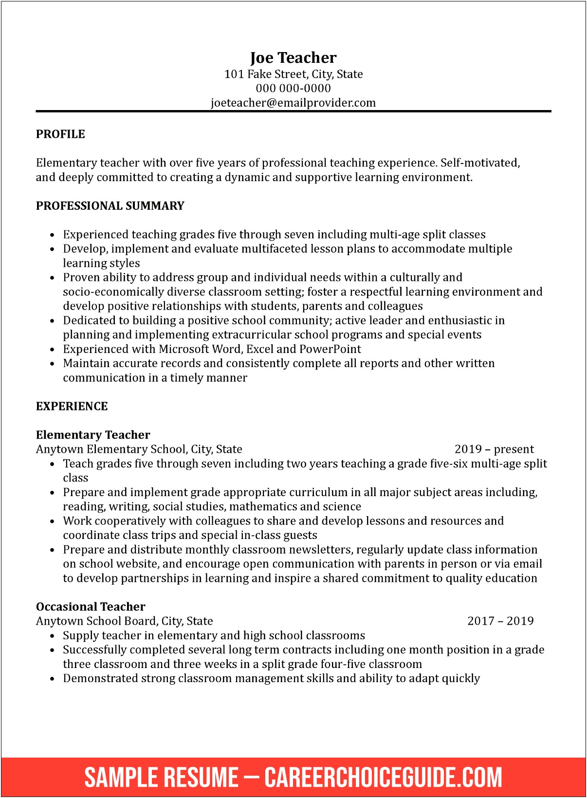 Example Of Resume For Teaching Position
