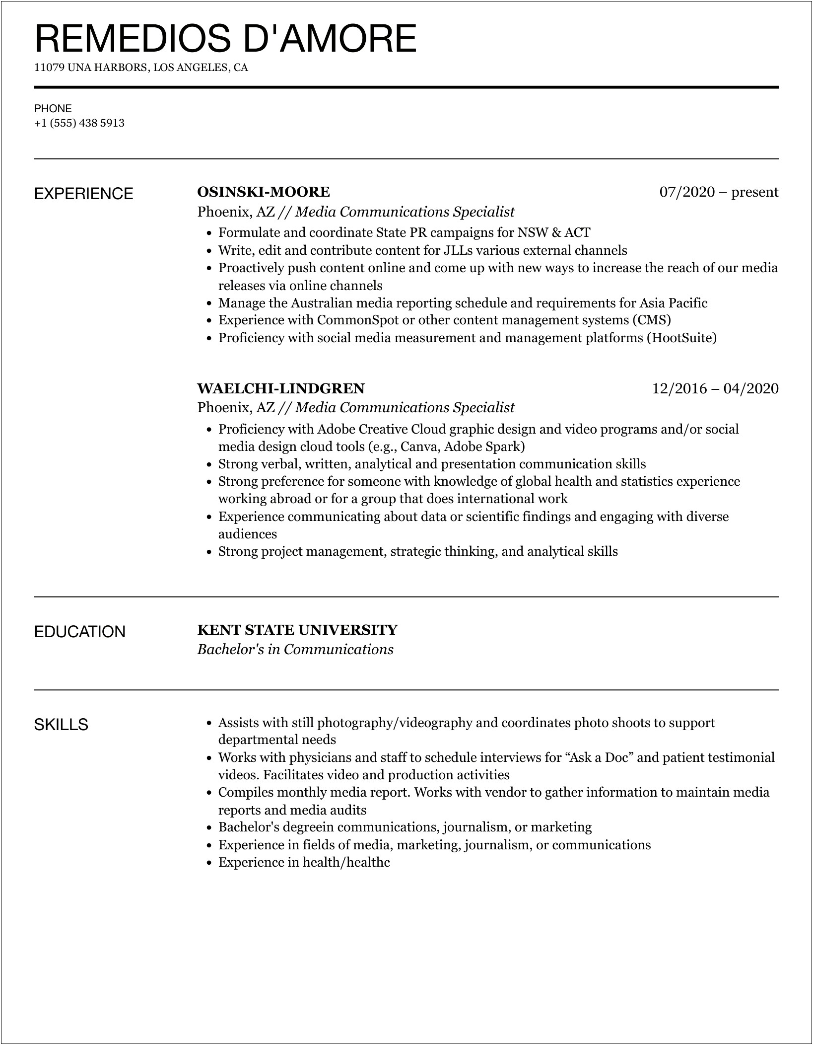 Example Of Resume In Media Communications