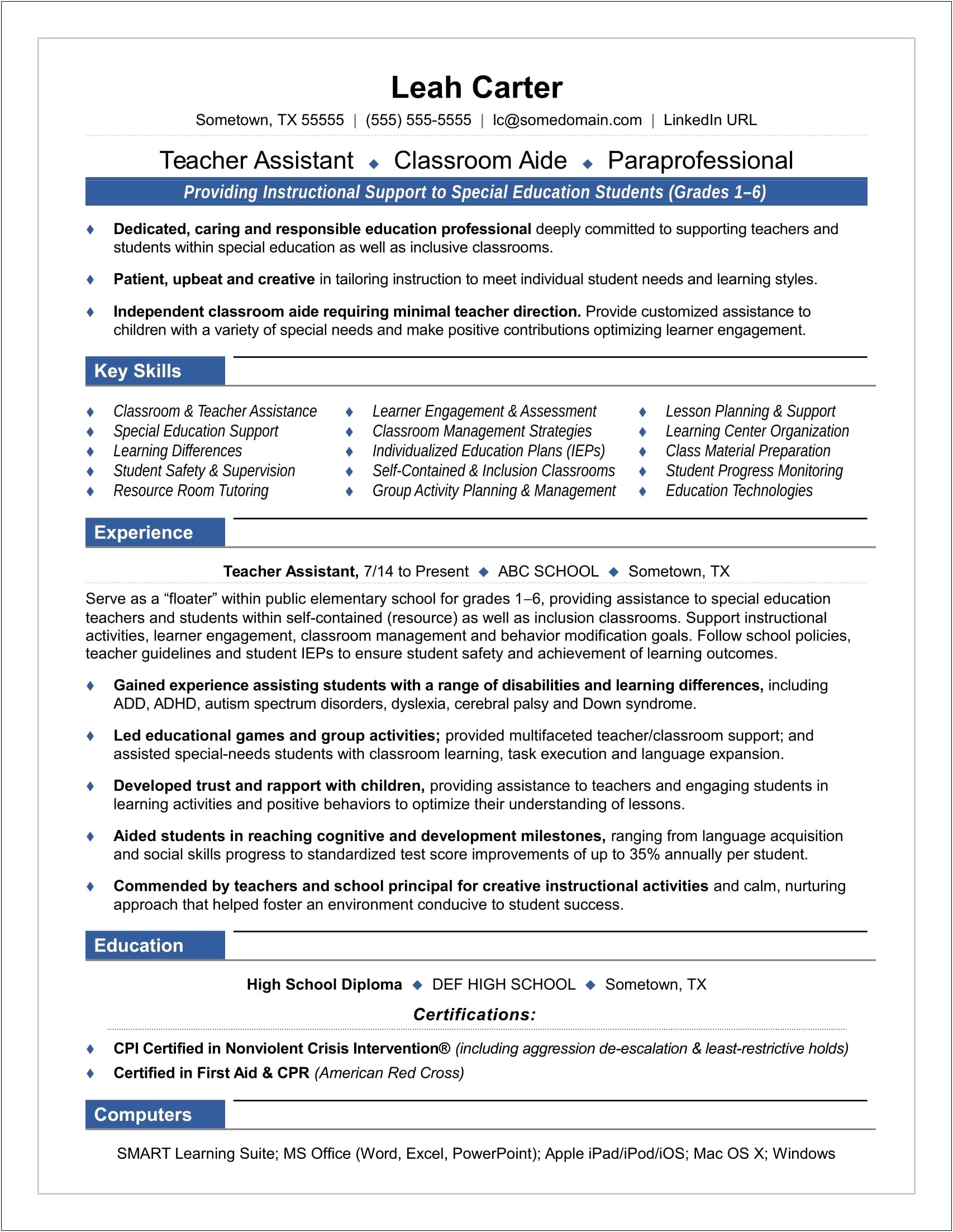 Example Of Resume In Special Education