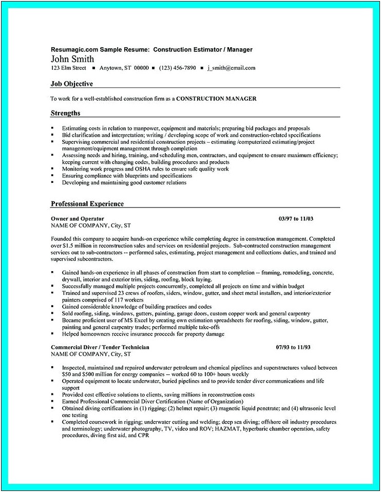 Example Of Resume Objective For Construction