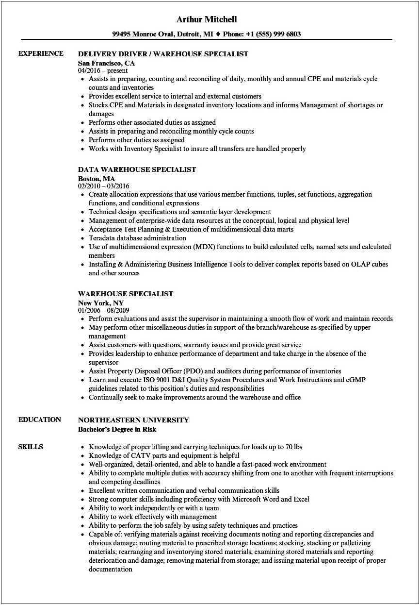 Example Of Resume Objective For Warehouse