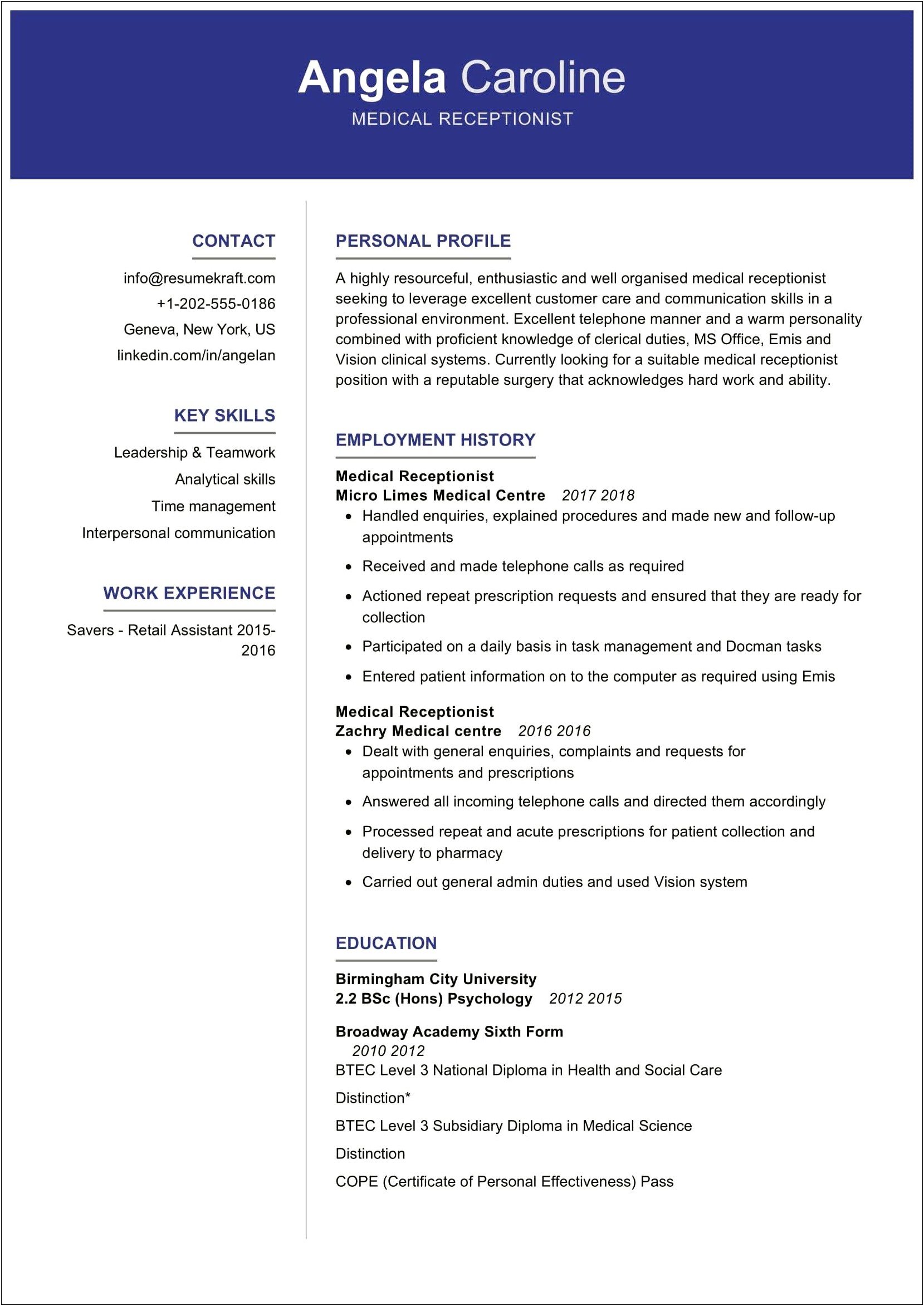 Example Of Resume Objective Front Desk Hospital Receptionist