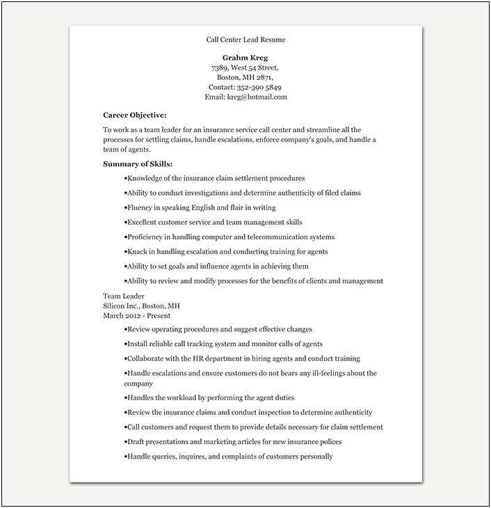 Example Of Resume Objectives For Call Center