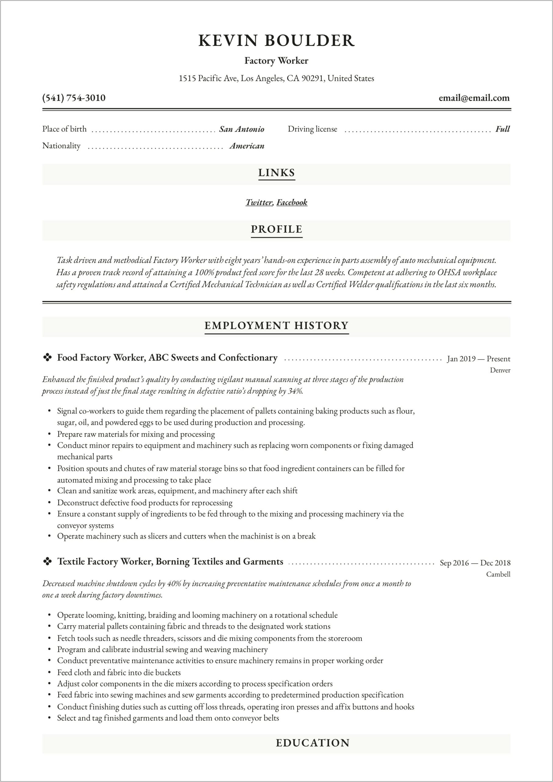 Example Of Resume Of Clothes Factory
