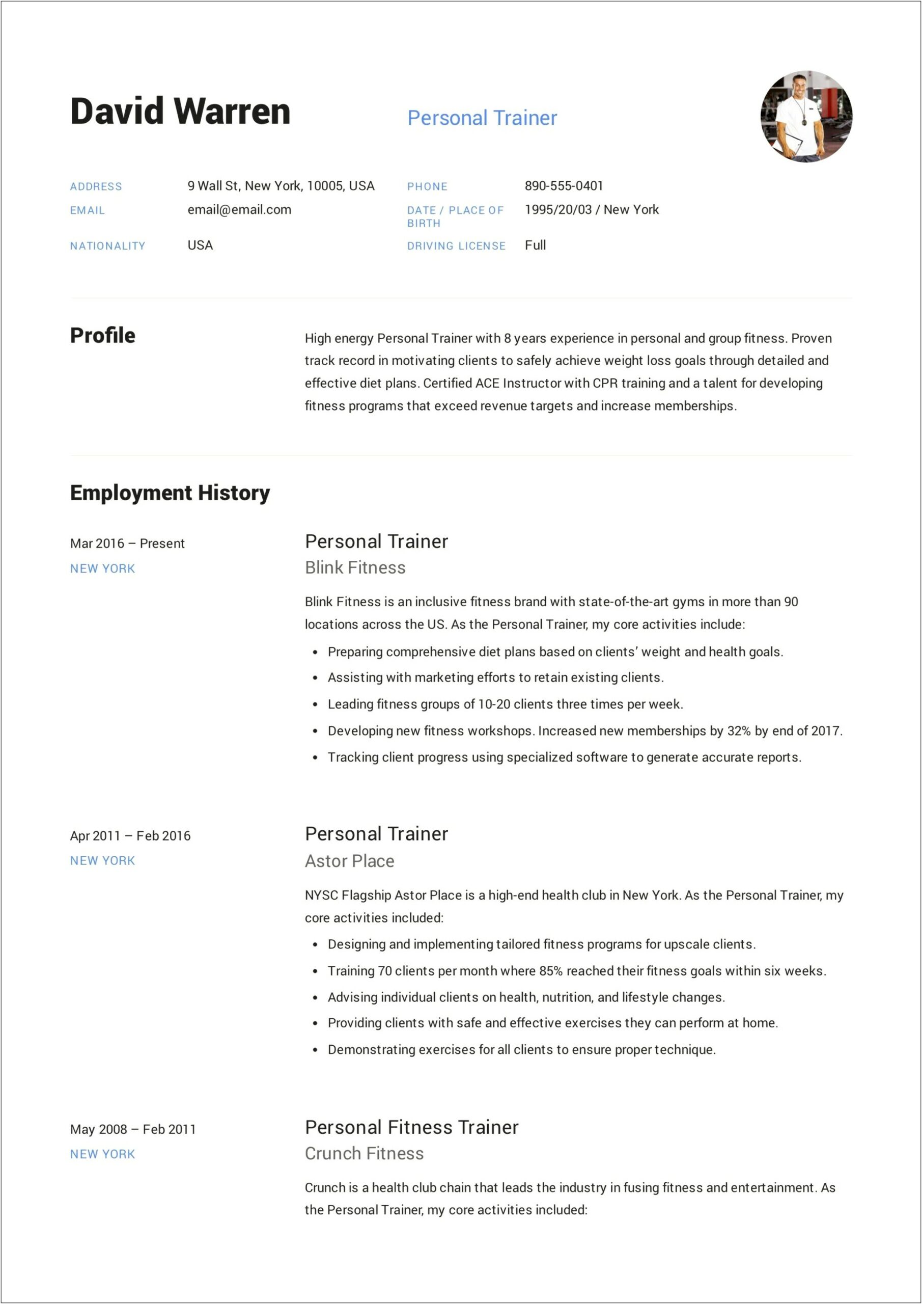 Example Of Resume Of Personal Trainer