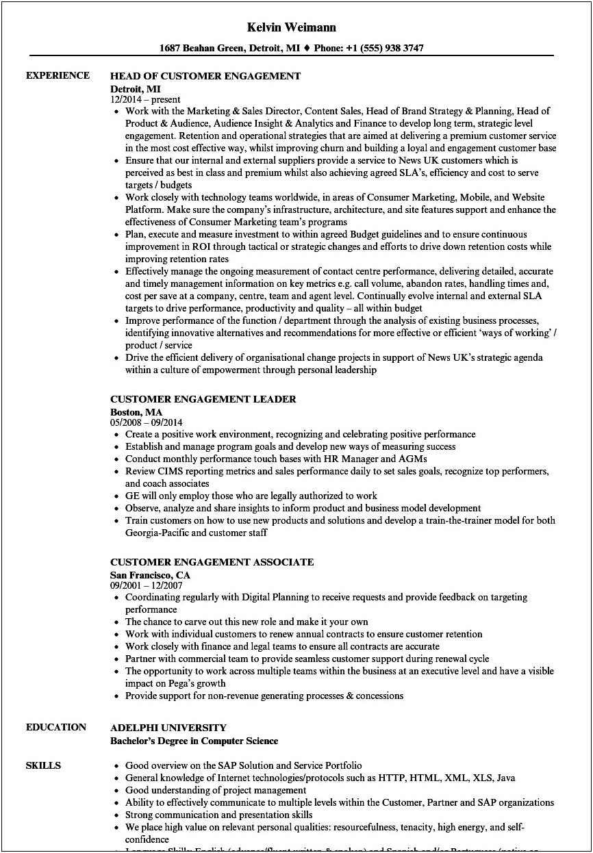 Example Of Resumes For Customer Engagement Leader