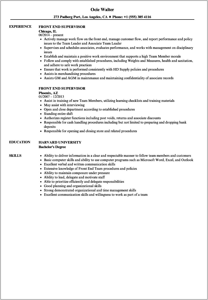 Example Of Retail Store Department Supervisor Resume