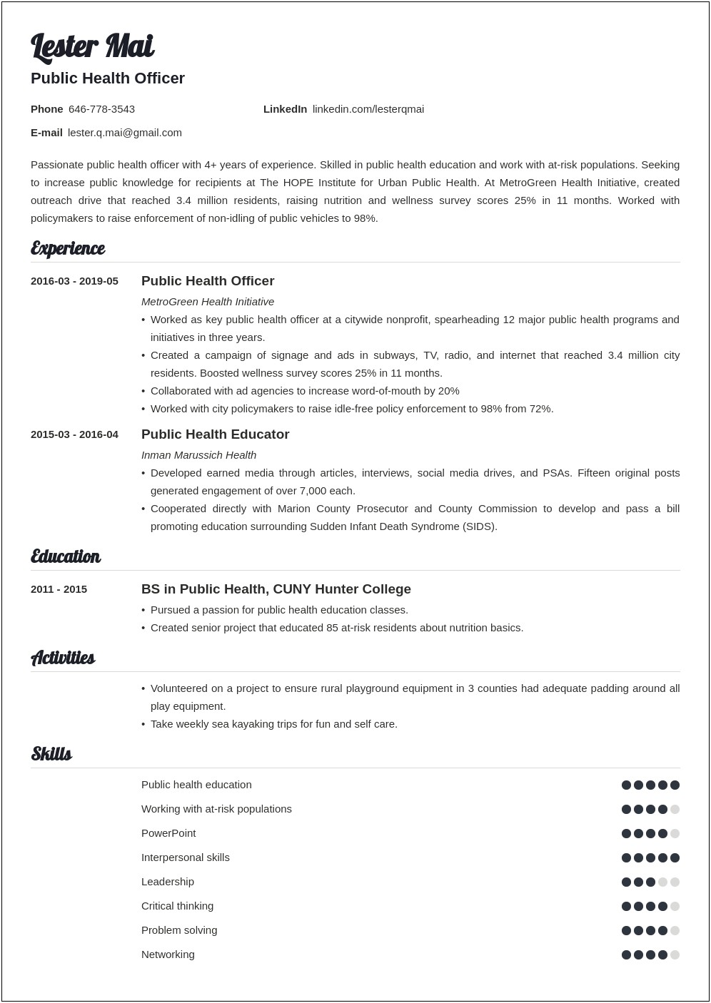 Example Of Skills For Public Health Resume