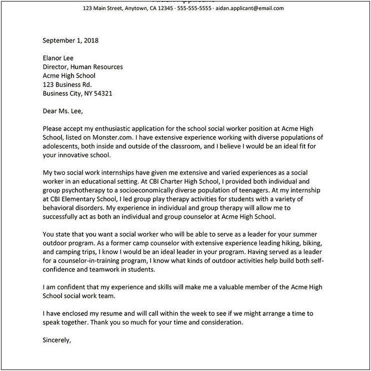 Example Of Social Work Cover Letter For Resume