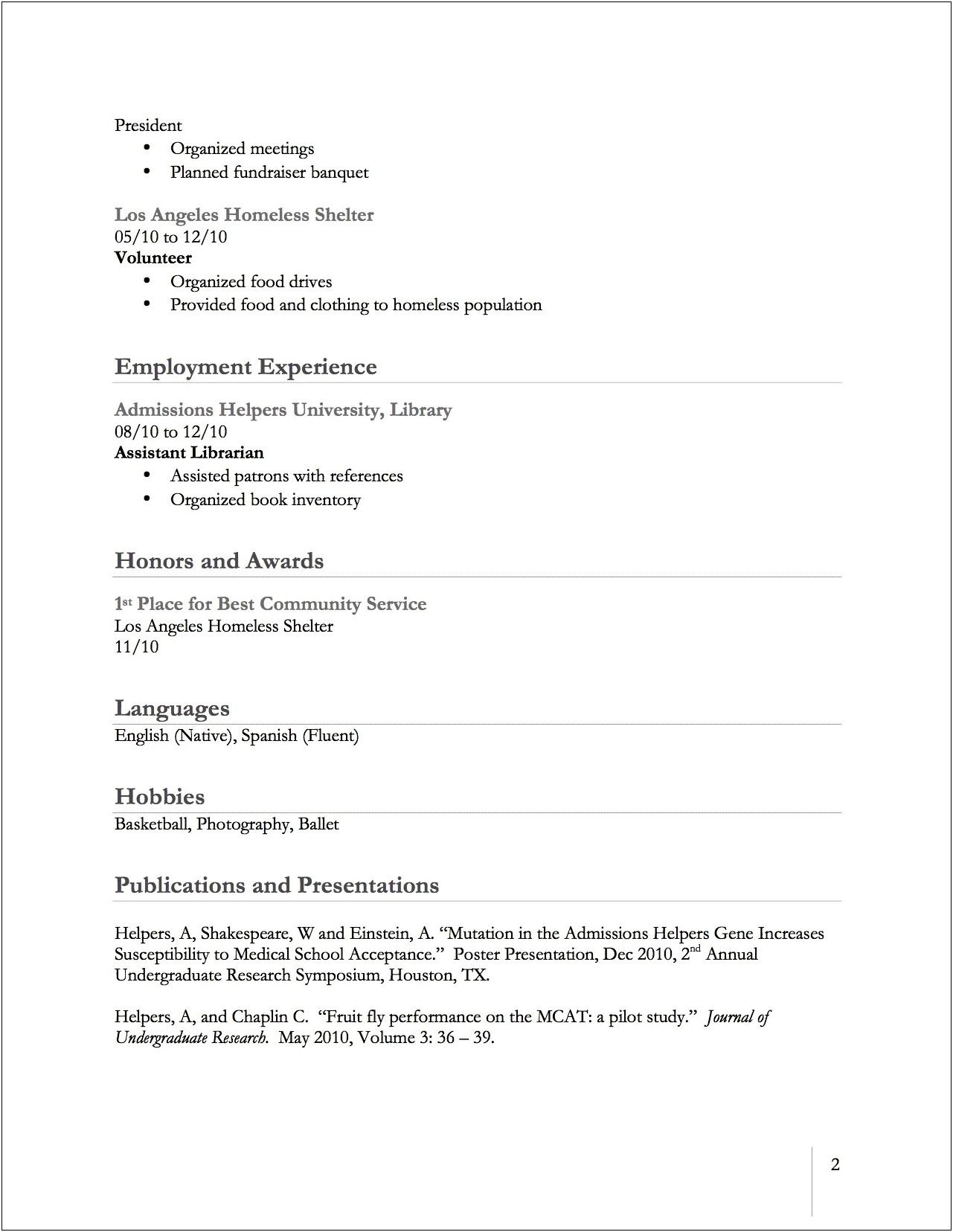 Example Of Student Resume For Medical School