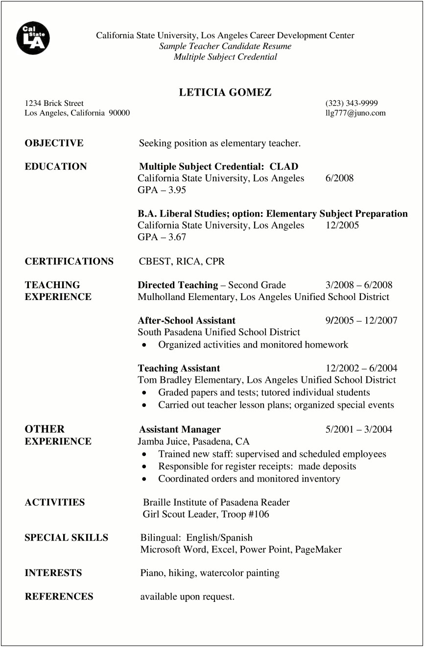 Example Of Substitute Teaching On Resume