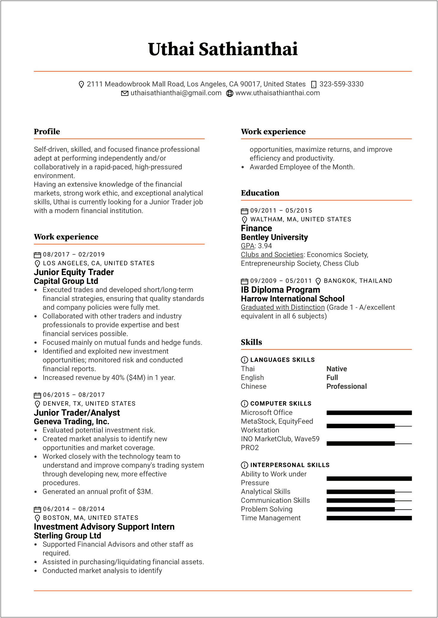 Example Of Trader Resume With 10 Year Experience