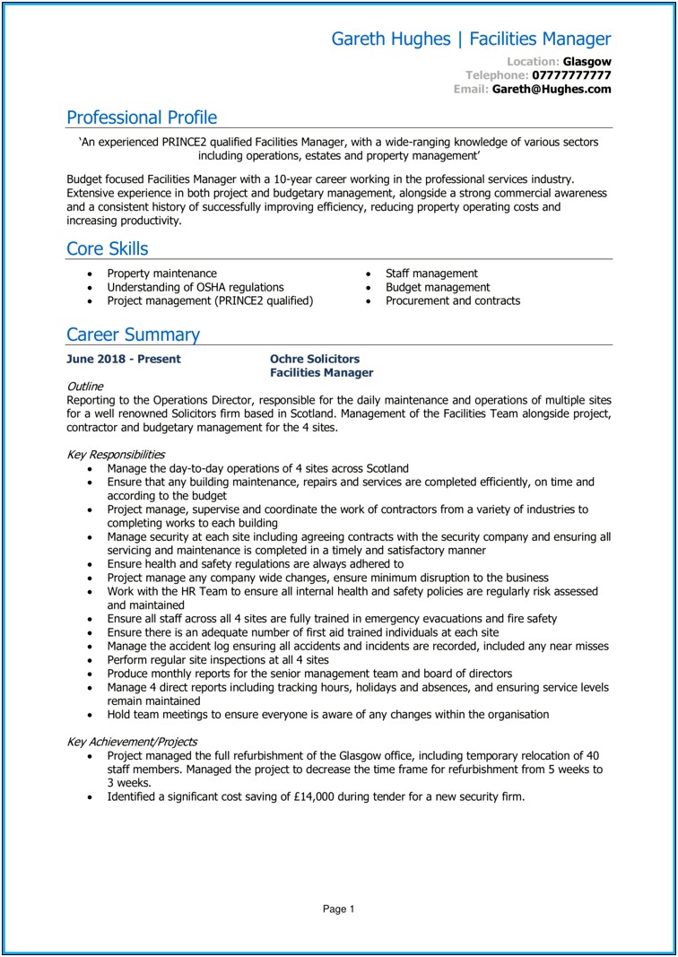 Example Of Vp Of Facilities Management Resume