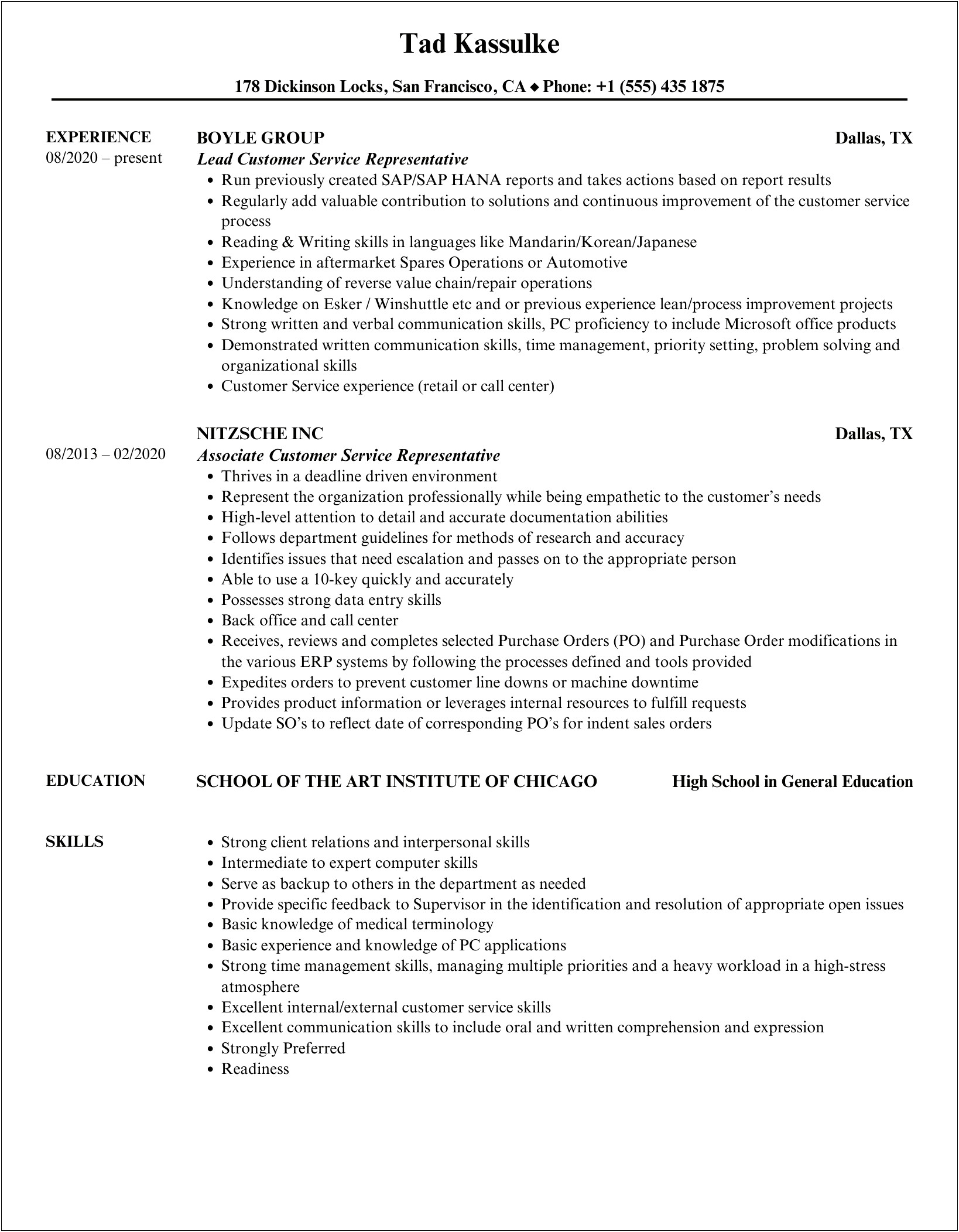 Example Profiles For A Csr Resume