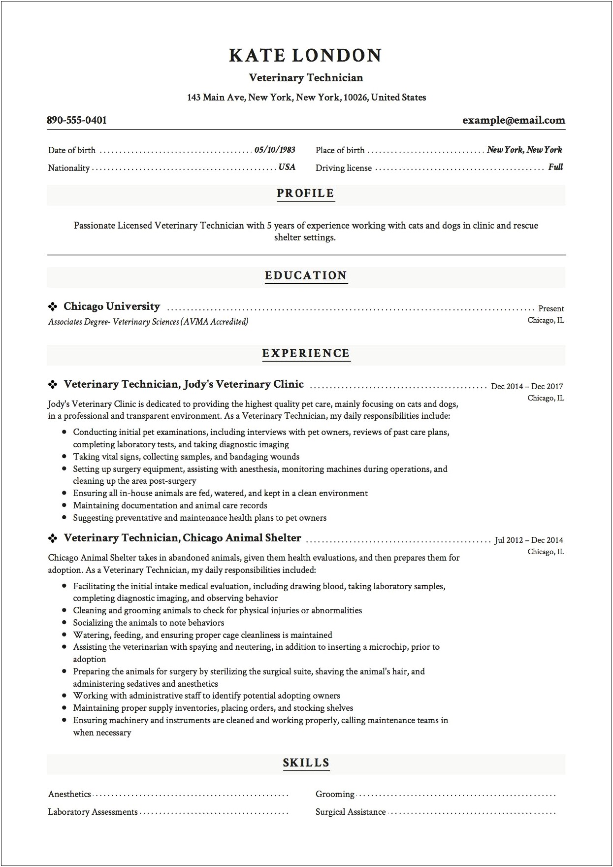 Example Resume And Small Animal Veterinarians