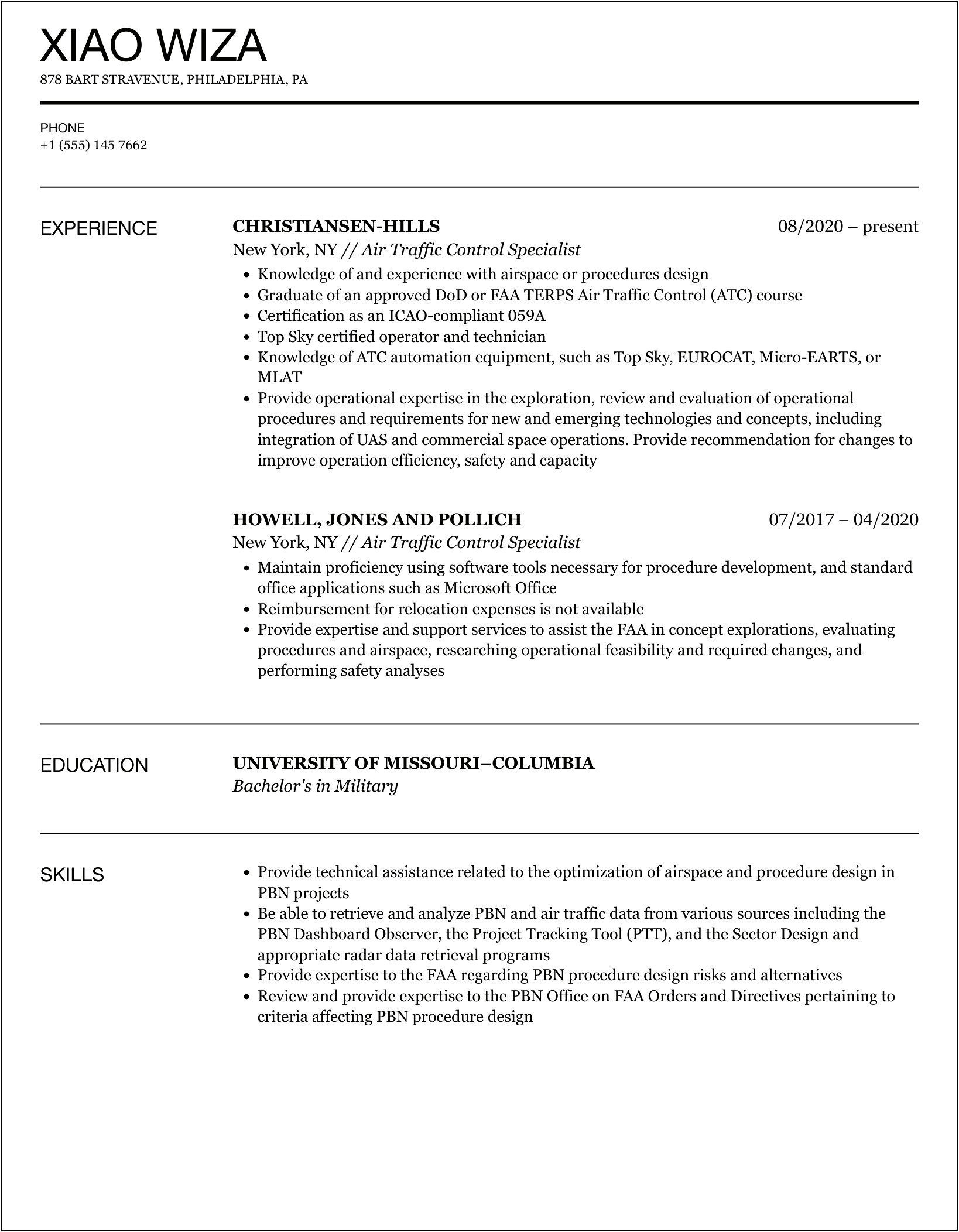 Example Resume Army Air Traffic Controller