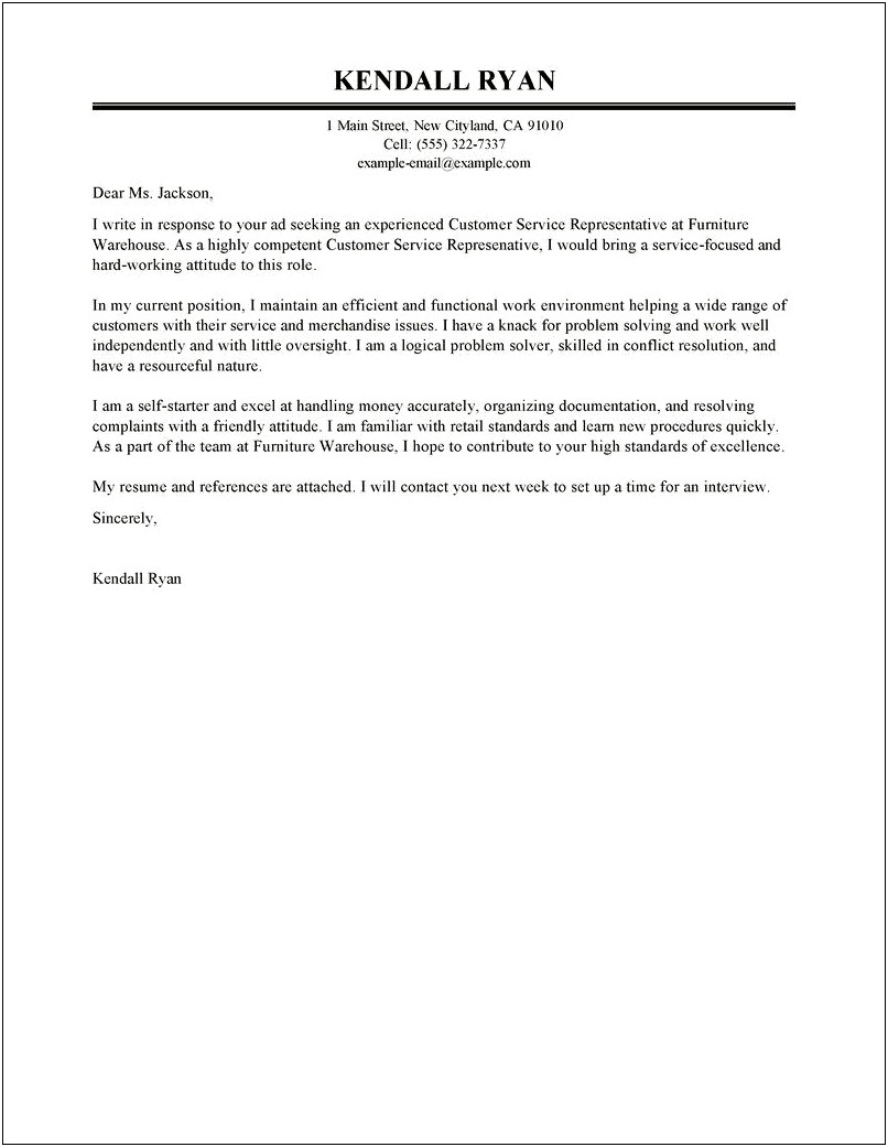 Example Resume Customer Service Cover Letter