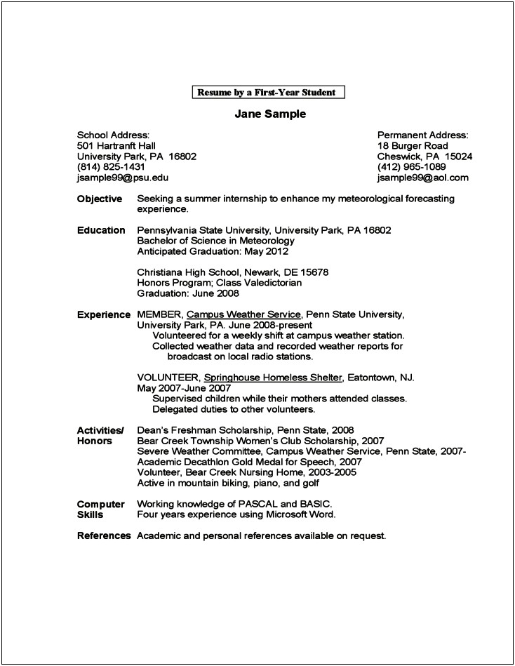 Example Resume For A College Student