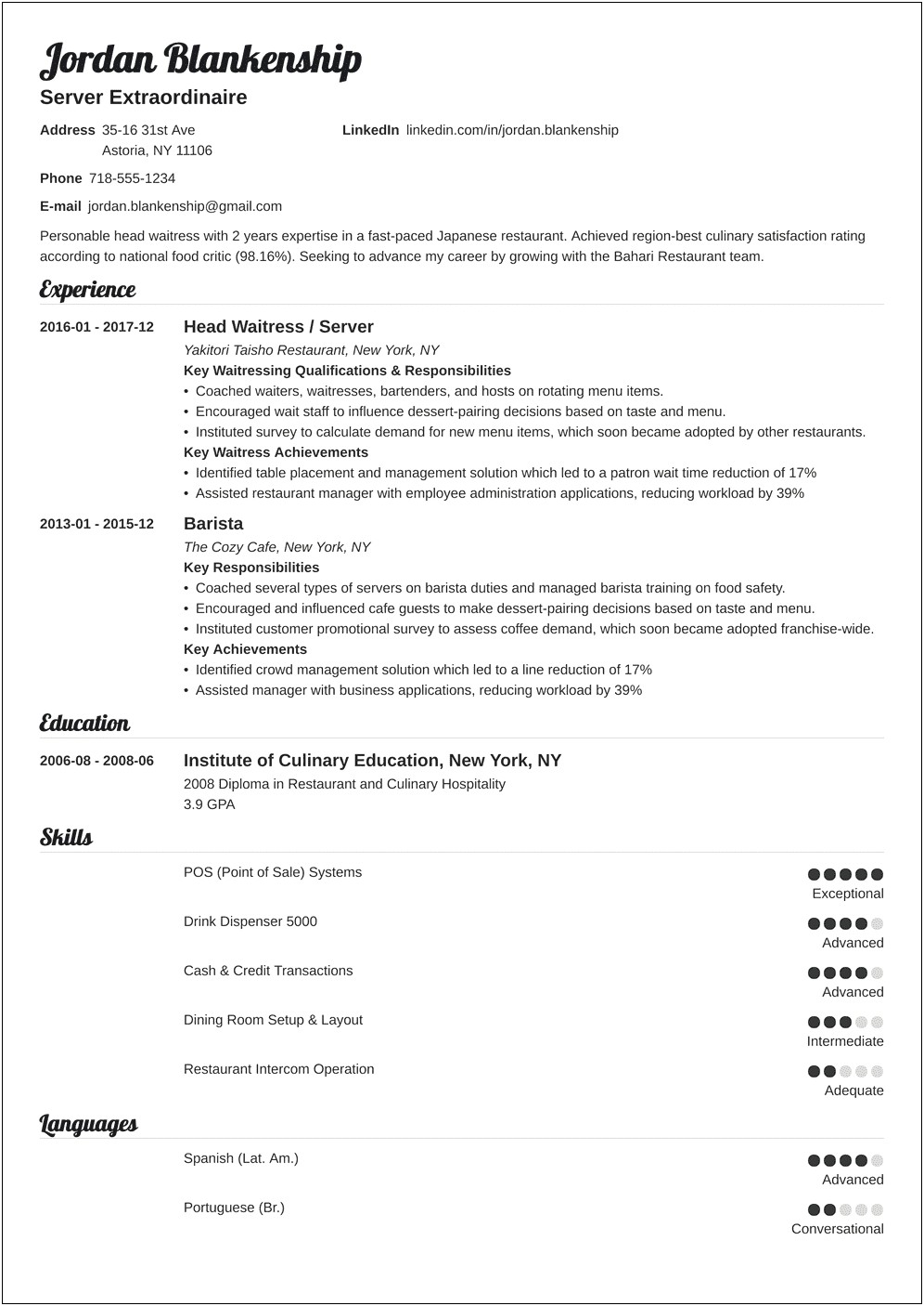 Example Resume For A Food Server