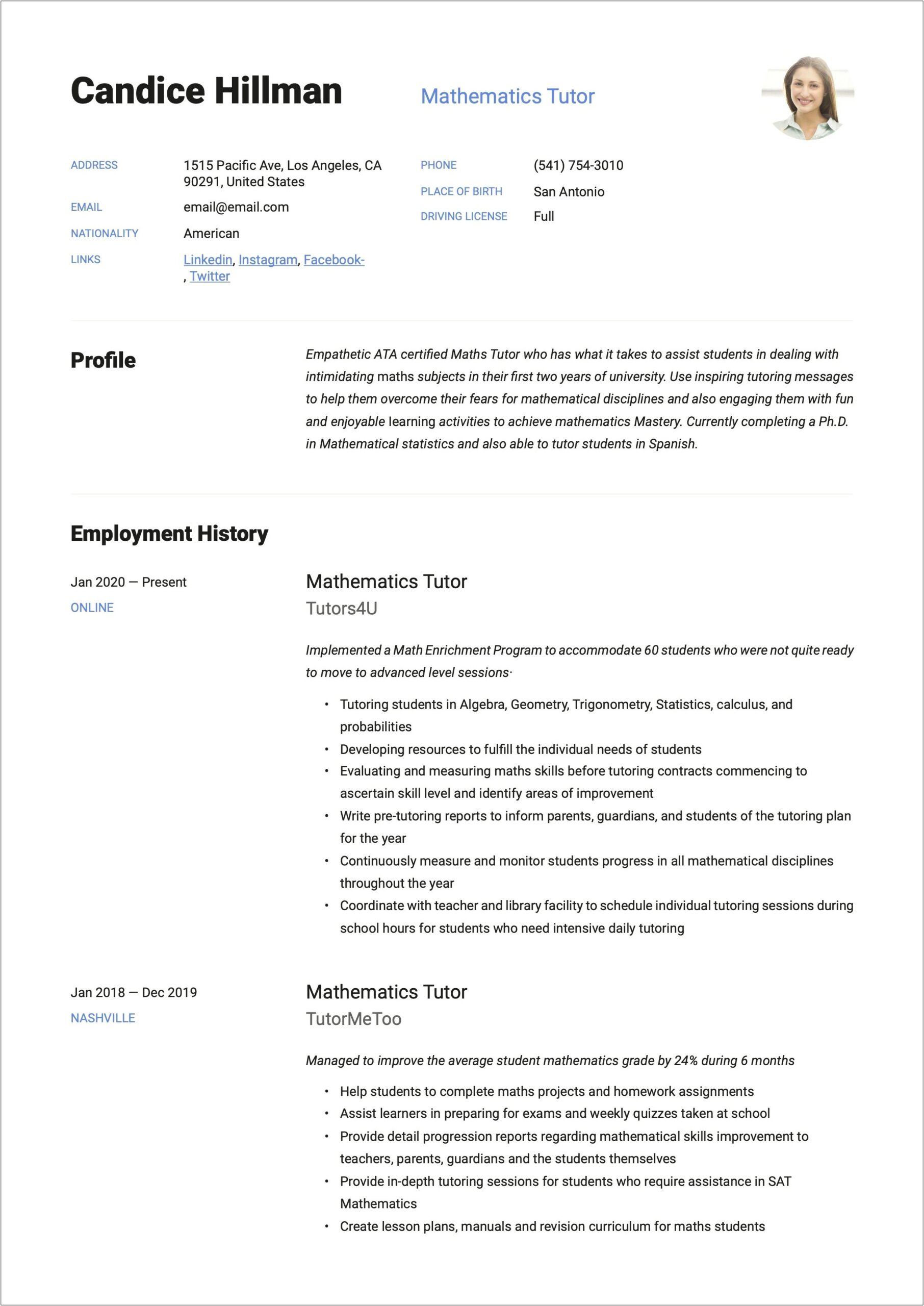 Example Resume For A Maths Tutor