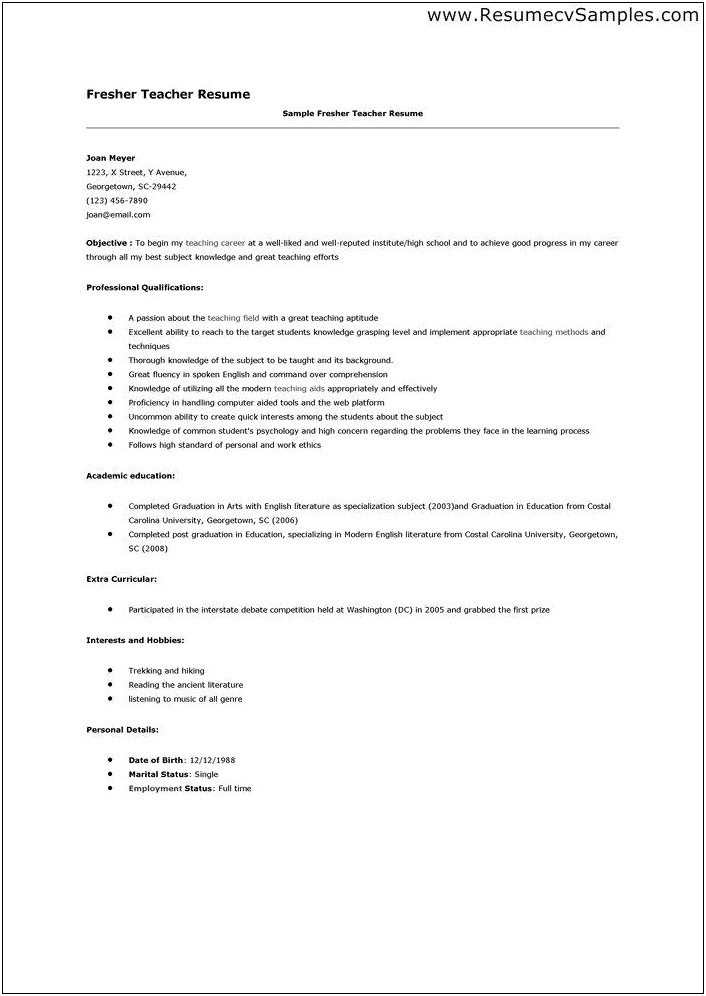 Example Resume For A Teaching Position