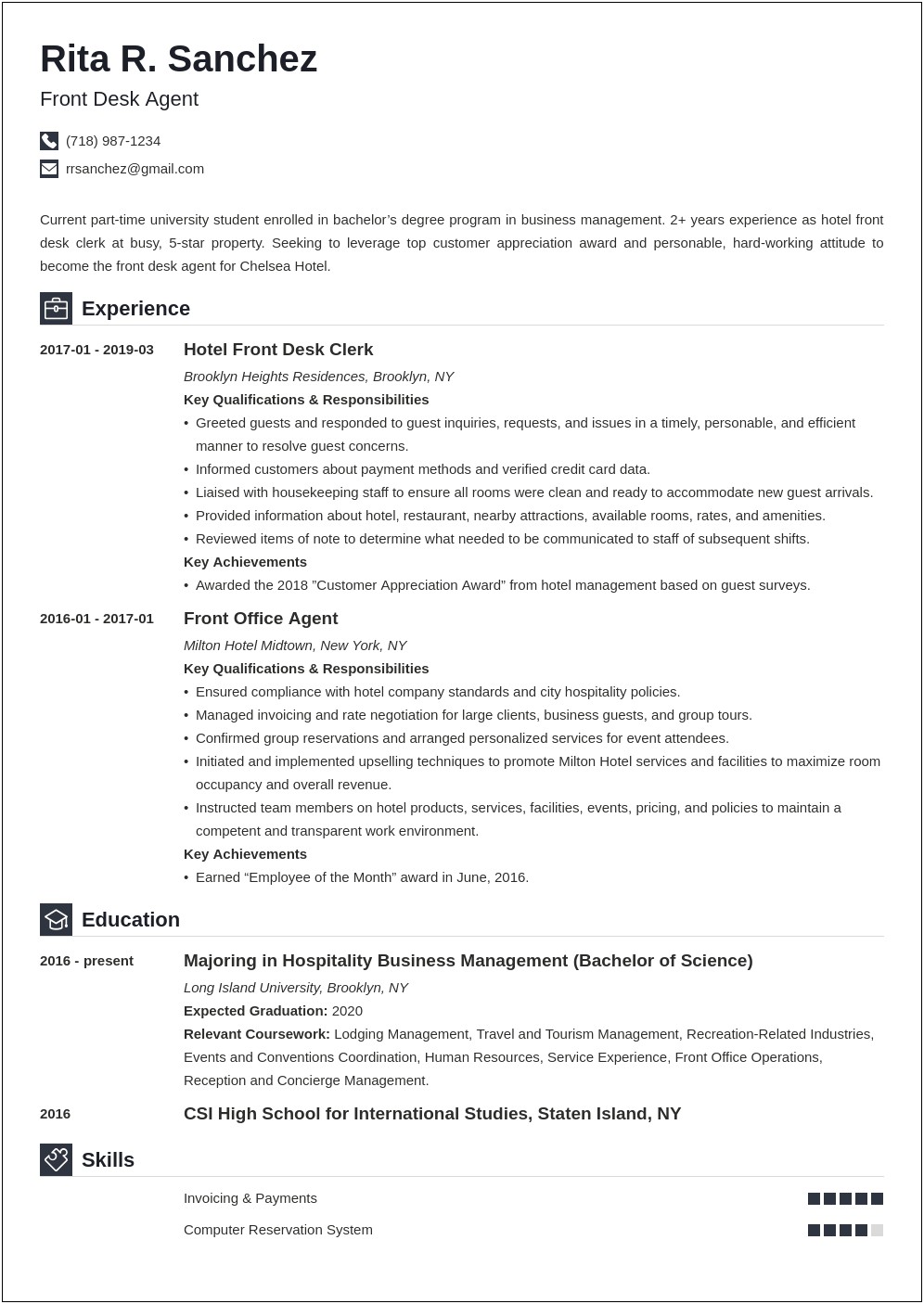 Example Resume For Becoming A Front Office Executive