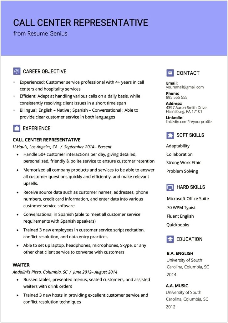 Example Resume For Call Center Job