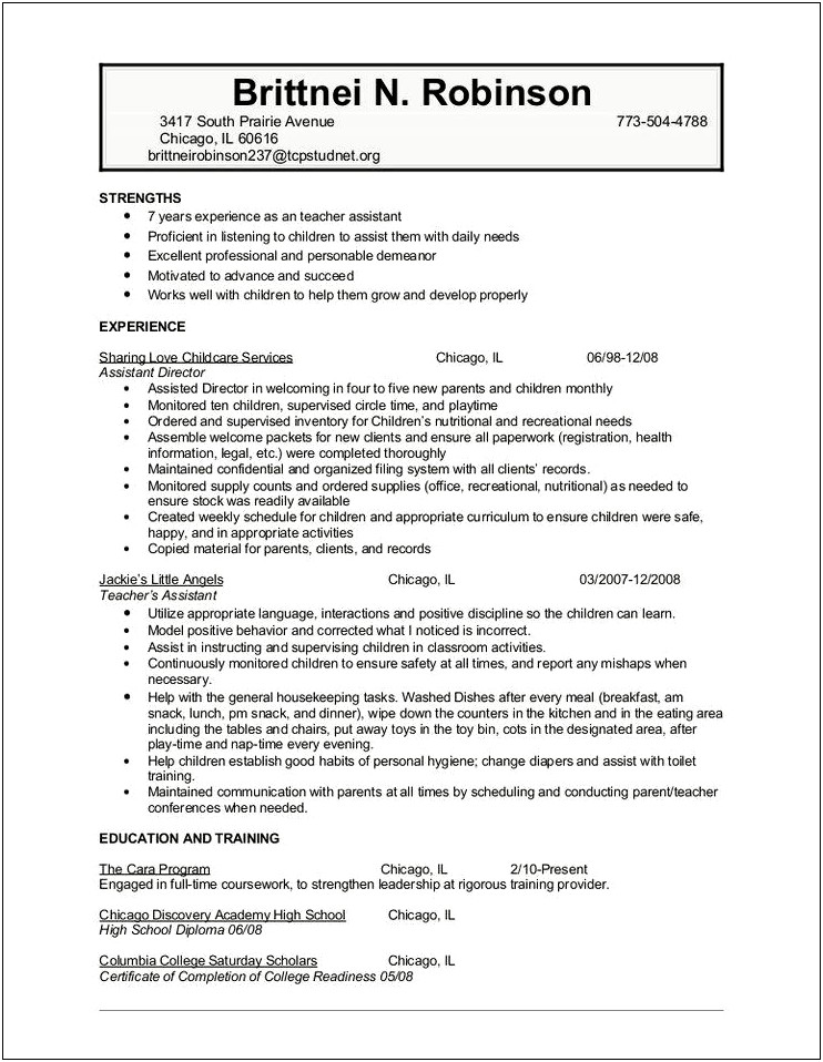 Example Resume For Child Care Assistant