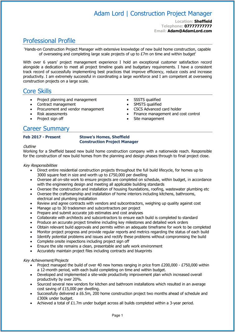 Example Resume For Construction Project Manager