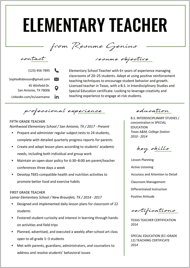 Example Resume For Elementary School Teacher