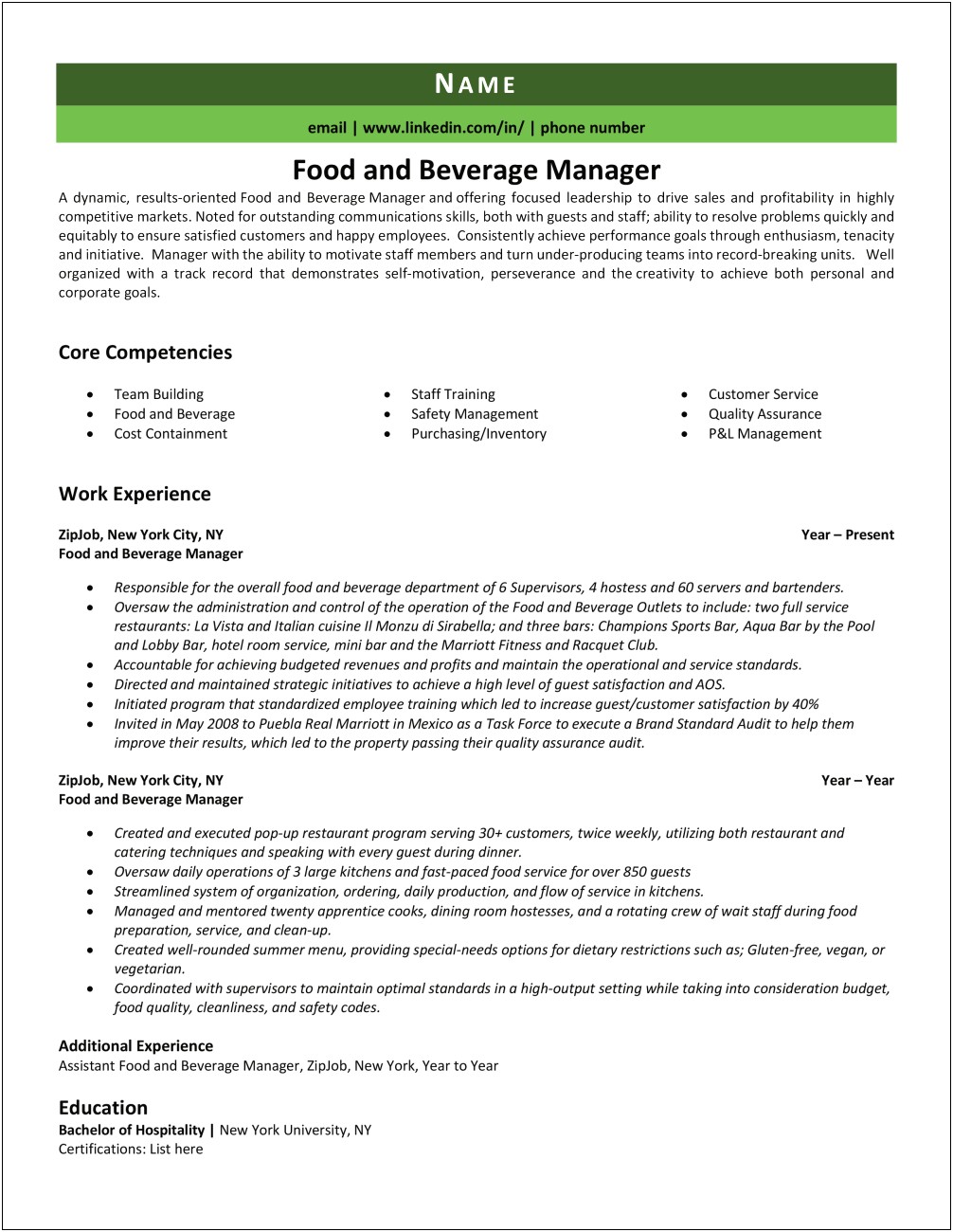 Example Resume For Food Service Manager