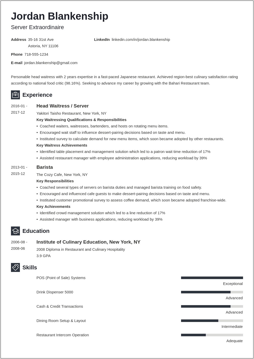 Example Resume For Food Service Worker