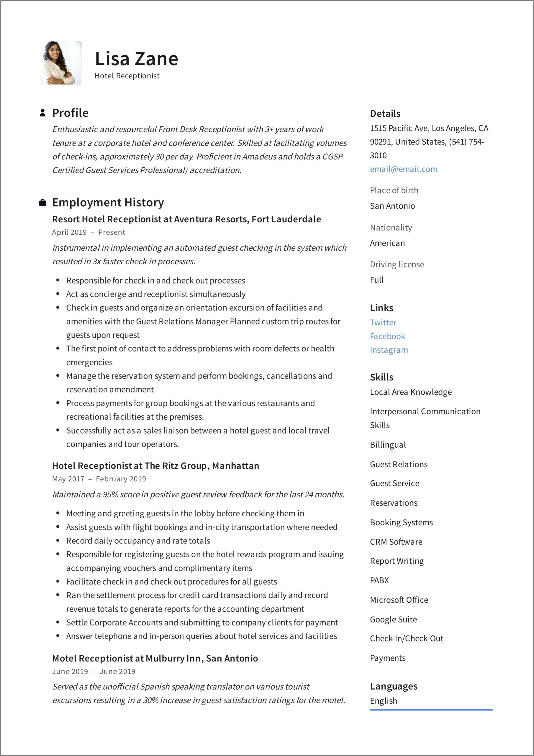 Example Resume For Front Desk Receptionist