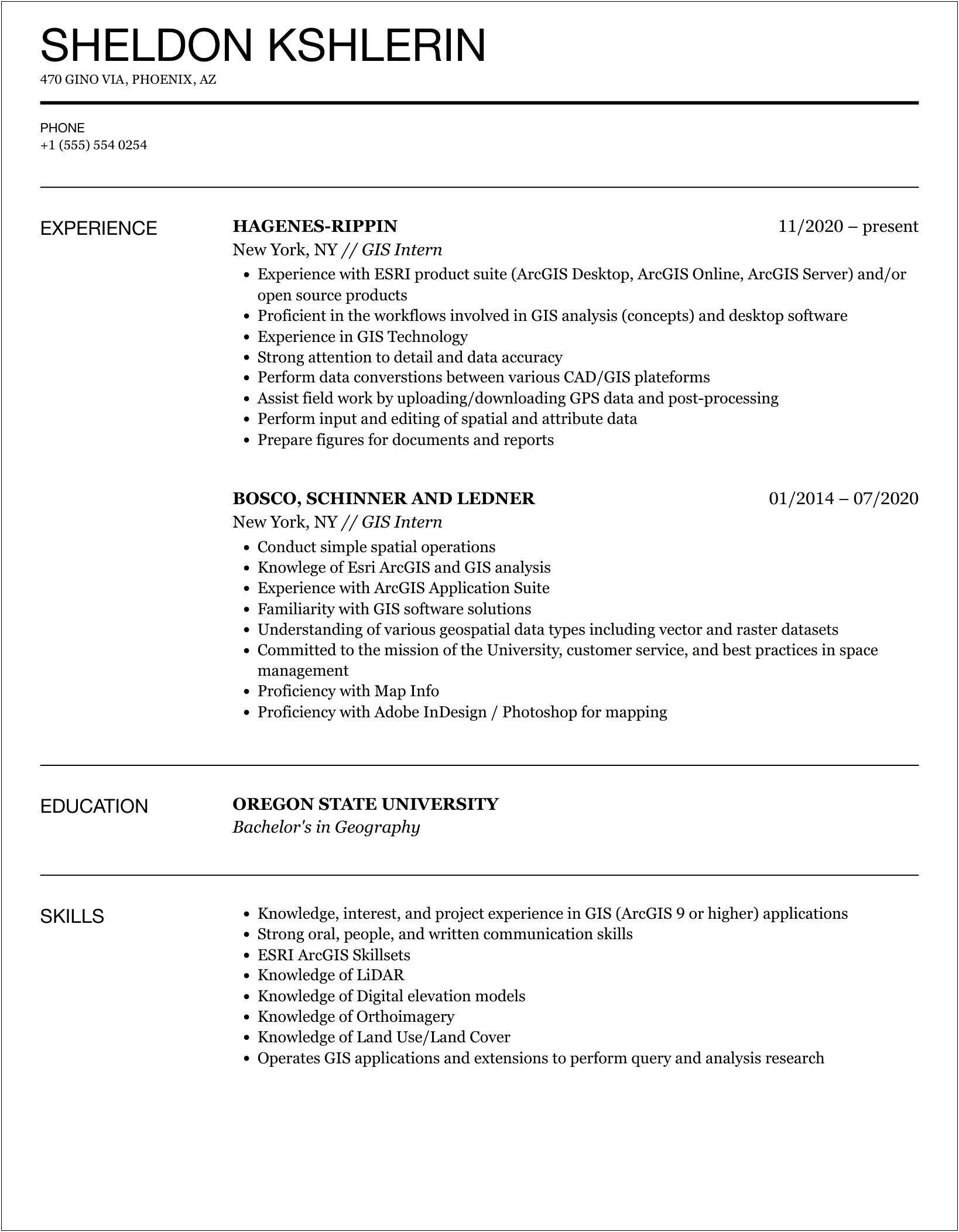 Example Resume For Geography Major And Gis Minor