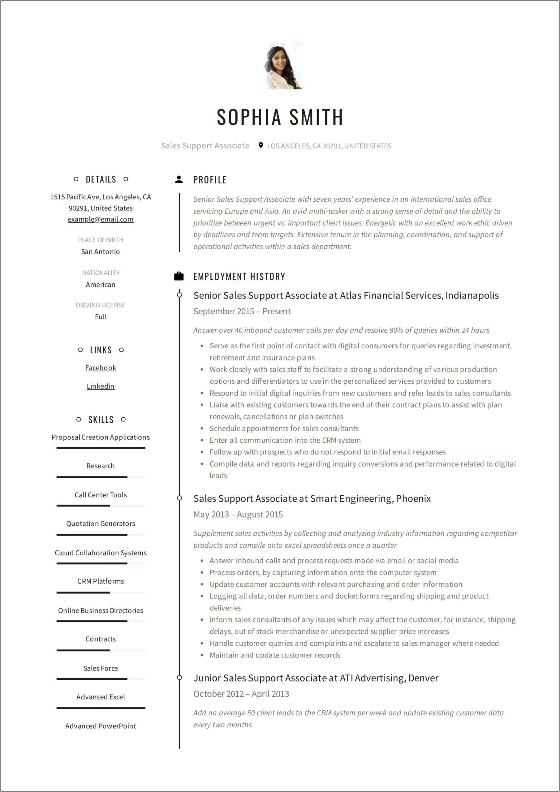 Example Resume For Lead Sales Associate Position