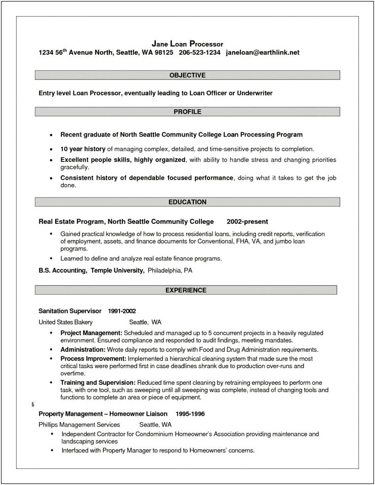 Example Resume For Mortgage Loan Officer