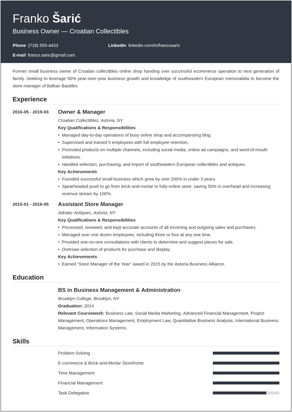 Example Resume For Small Business Owner