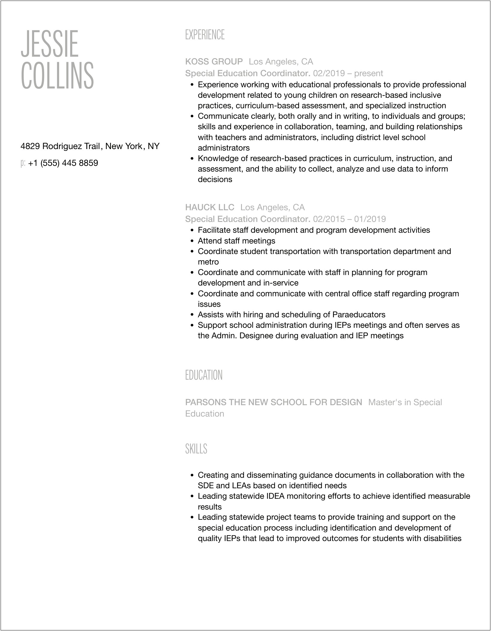 Example Resume For Special Education Coordinator